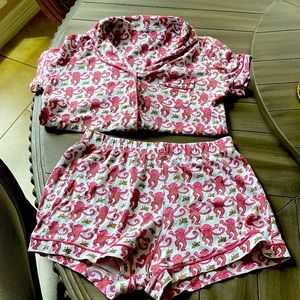 Roller Rabbit pink monkey pajama short set XXS.